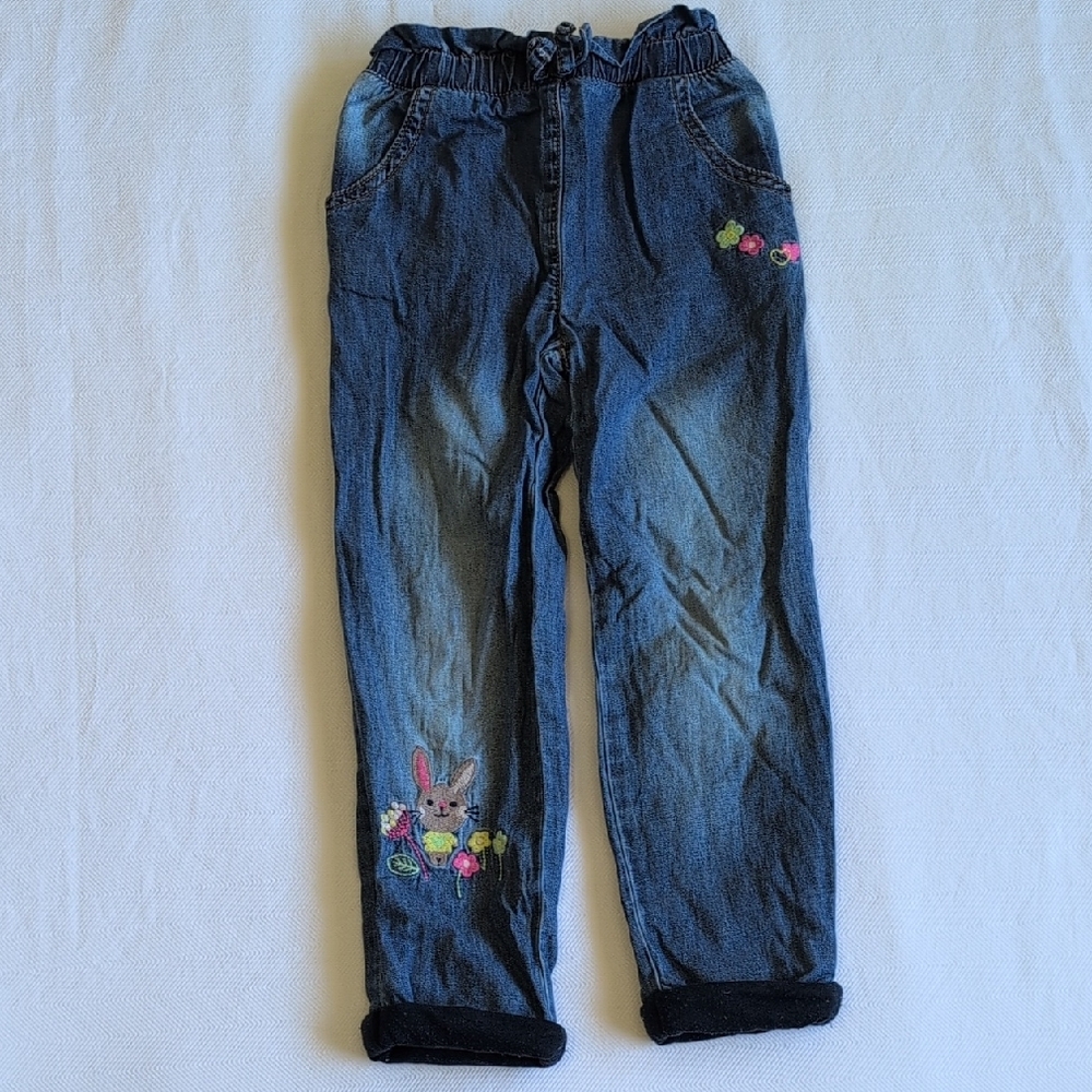 mothercare bunny floral embroidered lined paper bag waist pull-on jeans 3-4 YRS